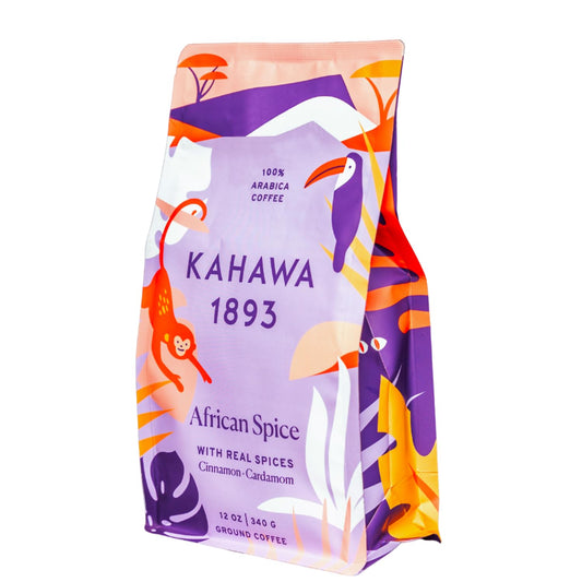 KAHAWA 1893 - African Chai Spice - As Seen on Shark Tank - Medium Roast Coffee w/Fresh Spices of Cinnamon, Cardamom, and Cloves - Directly Farmer Sourced from East Africa - Pre Ground - 12oz