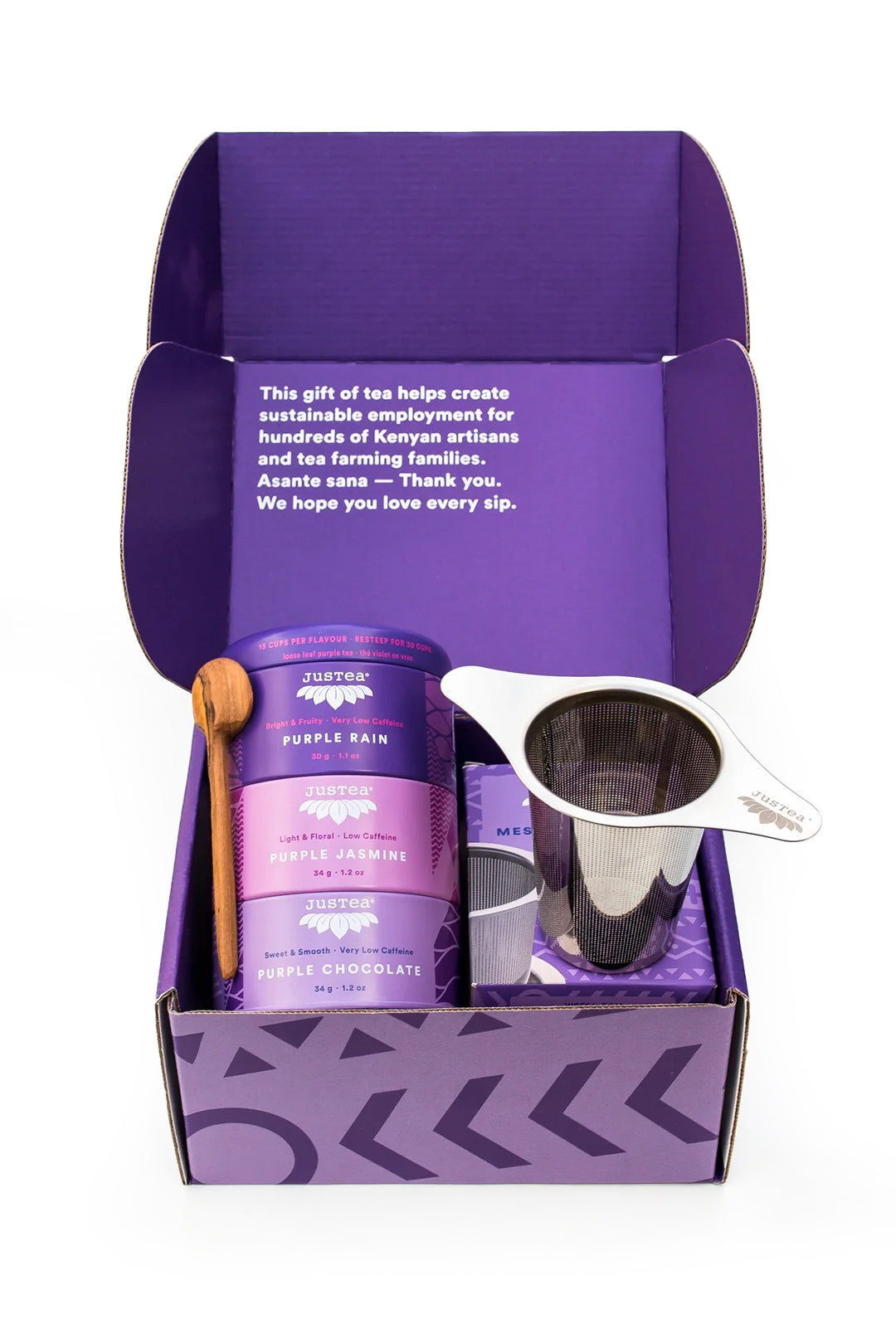 JusTea Loose Leaf Purple Tea Trio Gift Box | Purple Tea Trio with Hand Carved Tea Spoon & Tea Infuser Steeper Strainer | Loose Leaf Tea | Low Caffeine | Award-Winning | Fair Trade | Non-GMO