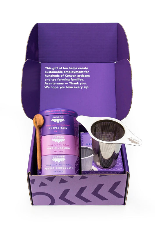 JusTea Loose Leaf Purple Tea Trio Gift Box | Purple Tea Trio with Hand Carved Tea Spoon & Tea Infuser Steeper Strainer | Loose Leaf Tea | Low Caffeine | Award-Winning | Fair Trade | Non-GMO