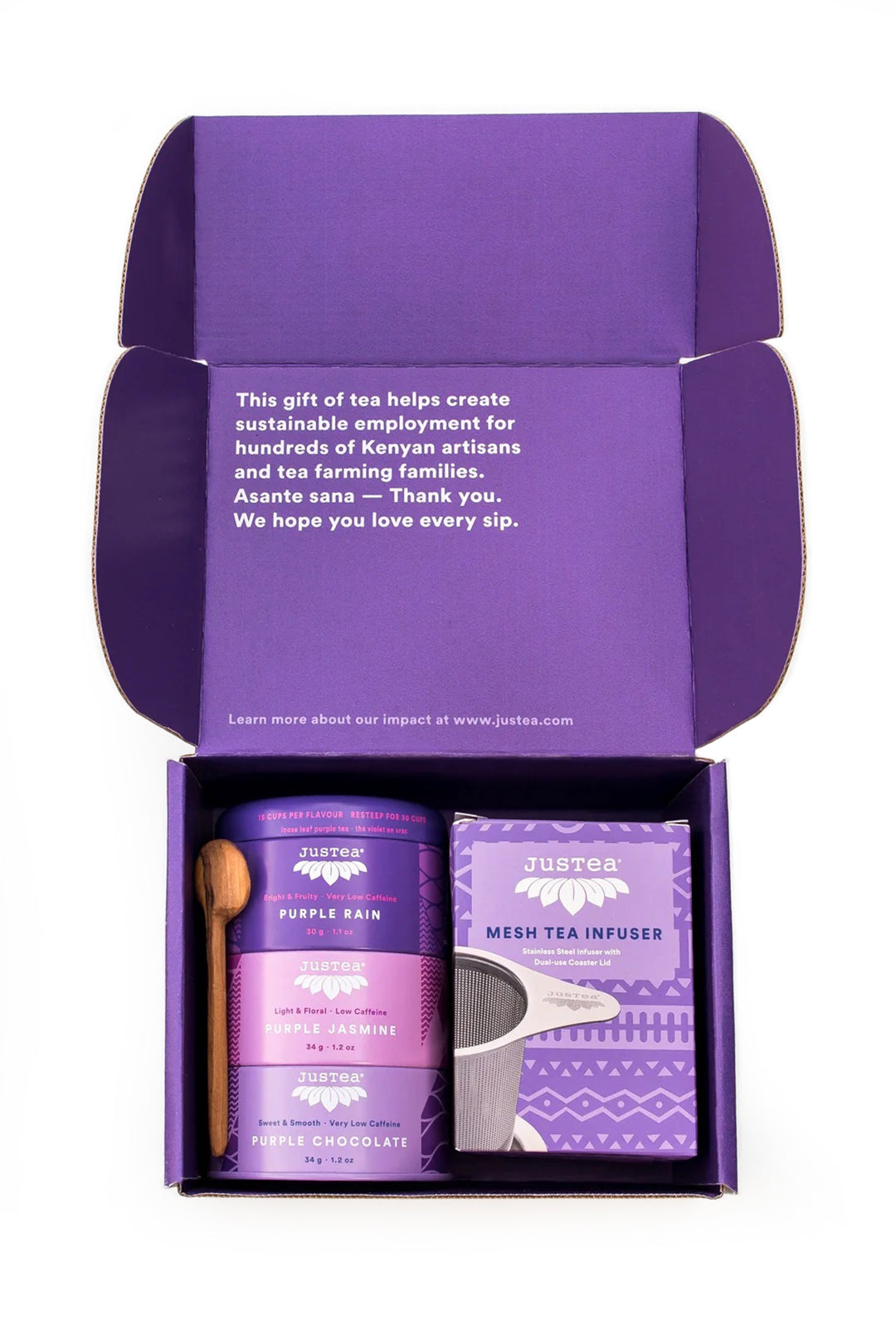JusTea Loose Leaf Purple Tea Trio Gift Box | Purple Tea Trio with Hand Carved Tea Spoon & Tea Infuser Steeper Strainer | Loose Leaf Tea | Low Caffeine | Award-Winning | Fair Trade | Non-GMO