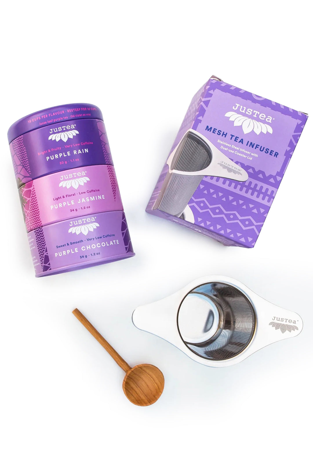 JusTea Loose Leaf Purple Tea Trio Gift Box | Purple Tea Trio with Hand Carved Tea Spoon & Tea Infuser Steeper Strainer | Loose Leaf Tea | Low Caffeine | Award-Winning | Fair Trade | Non-GMO