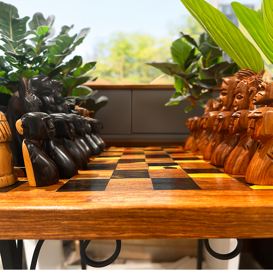 Handcarved African Teak & Ebony Tribal Chess Set