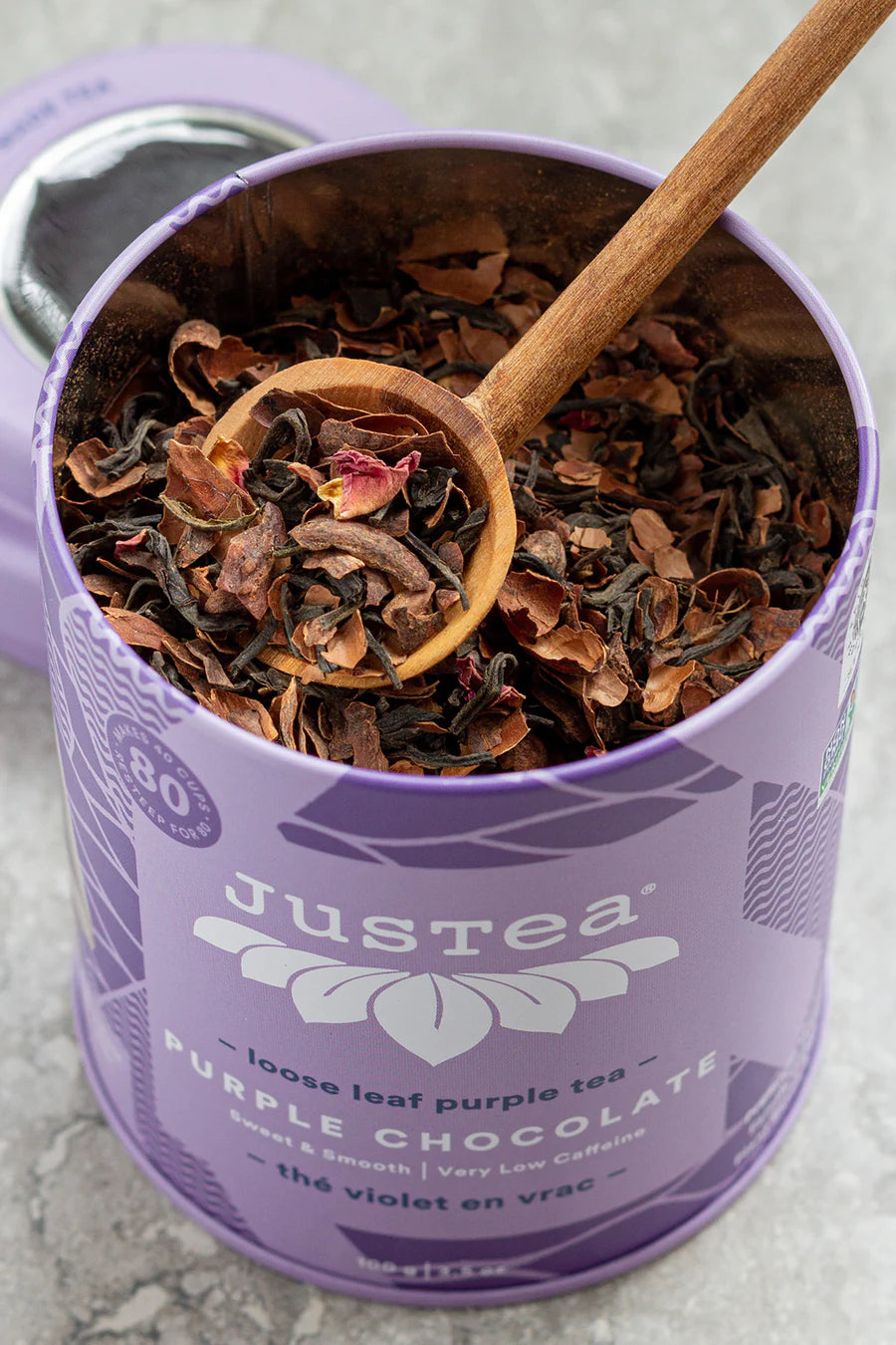 JusTea PURPLE CHOCOLATE | Loose Leaf Purple Tea | 160+ Cups (14.1oz) | Very Low Caffeine | Award-Winning | Fair Trade | Non-GMO