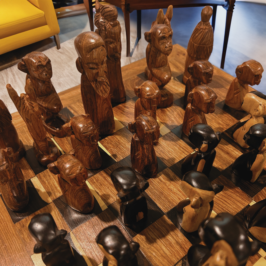 Handcarved African Teak & Ebony Tribal Chess Set