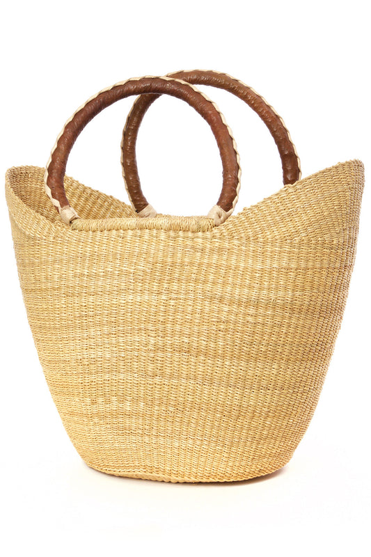 Natural Ghanaian Wing Shopper with Braided Brown Leather Handles