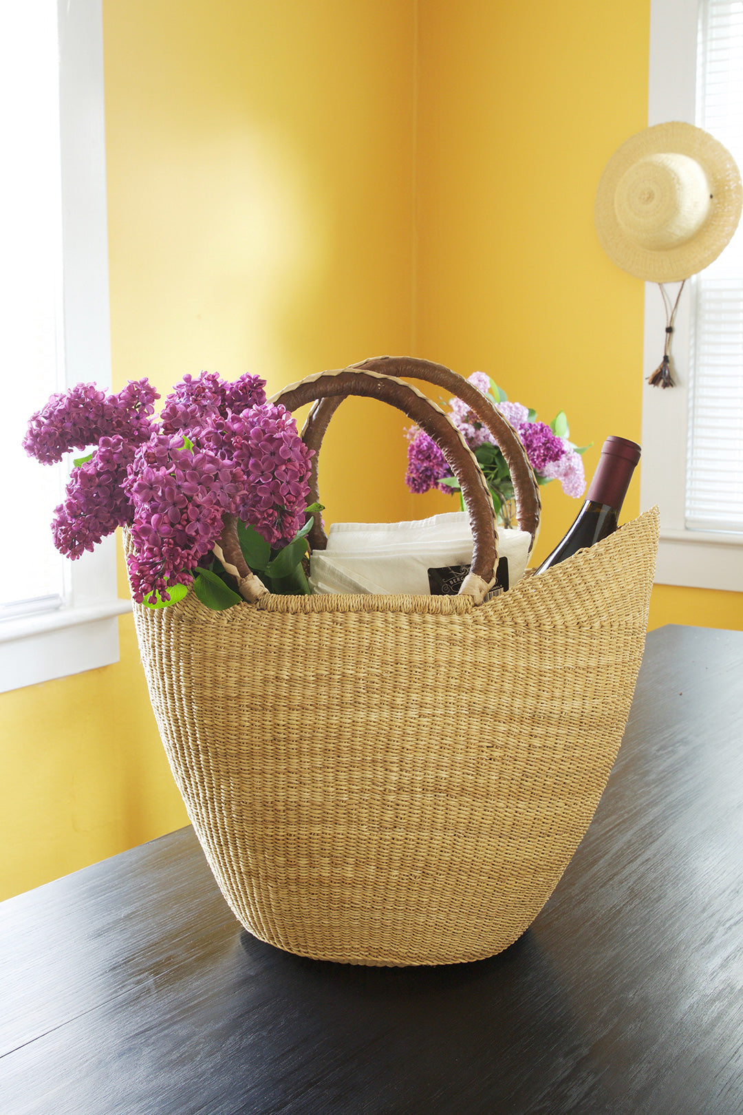 Natural Ghanaian Wing Shopper with Braided Brown Leather Handles