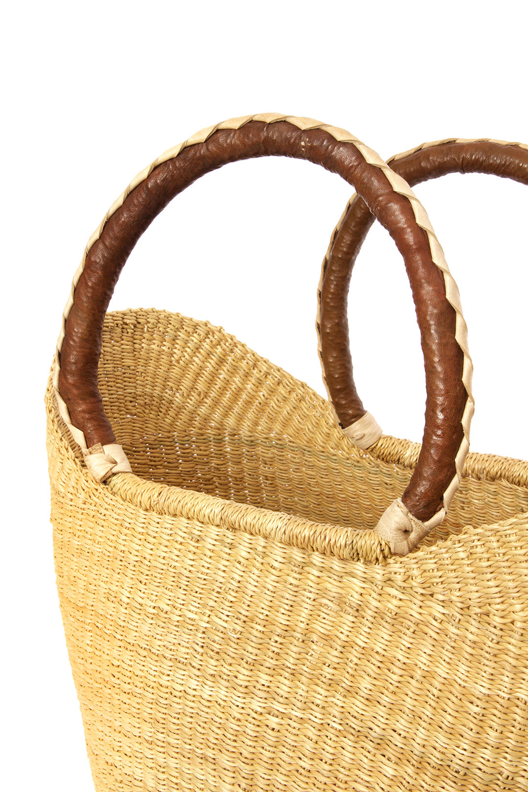 Natural Ghanaian Wing Shopper with Braided Brown Leather Handles