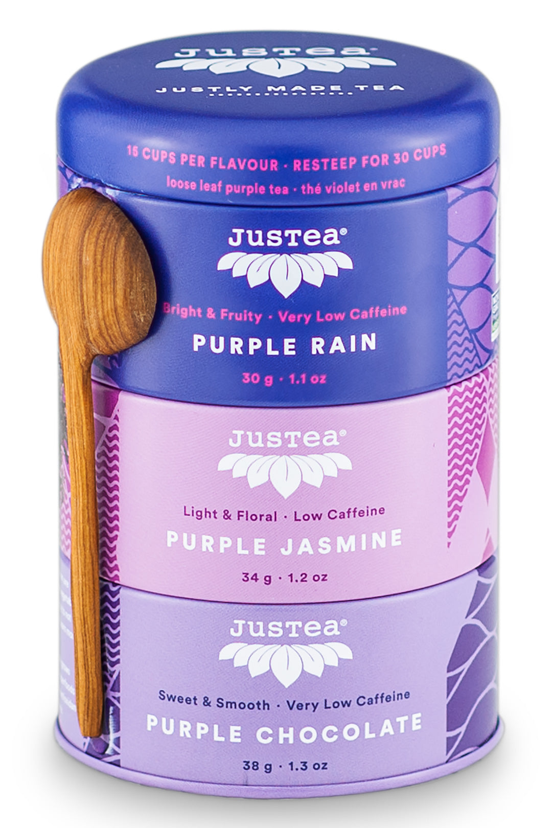 JusTea Loose Leaf Purple Tea Trio | Stacking Tins Variety Pack with Hand Carved Tea Spoon | Loose Leaf Tea | Low Caffeine | Award-Winning | Fair Trade | Non-GMO