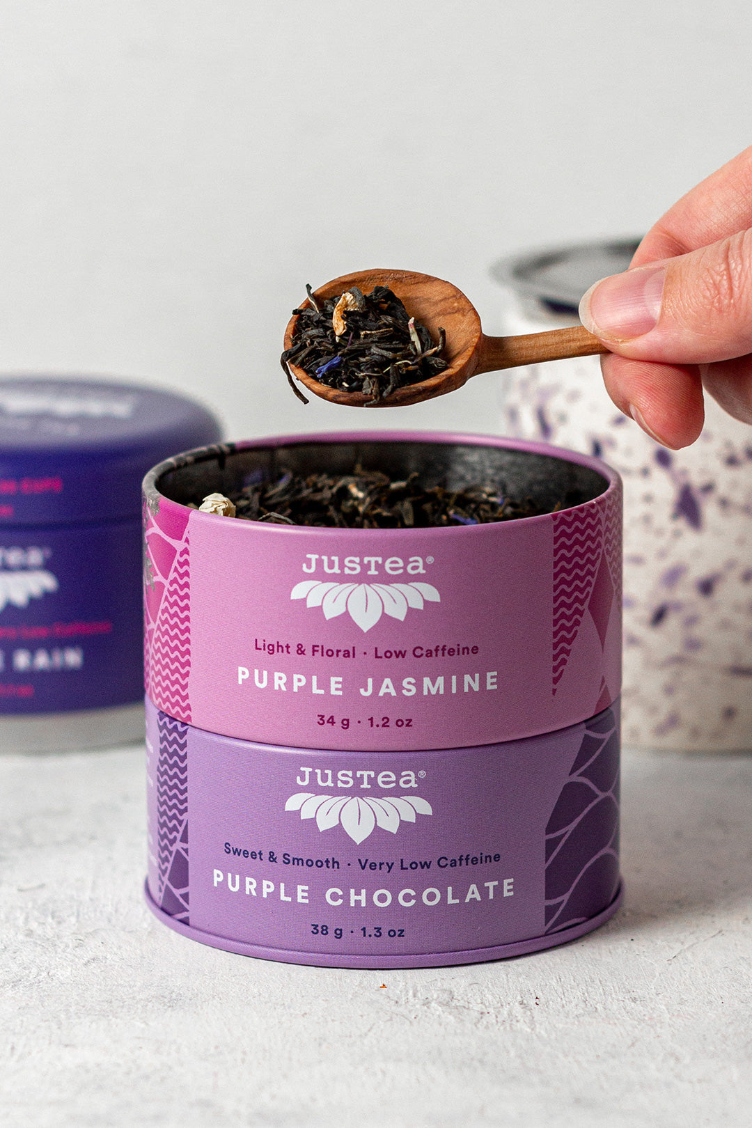 JusTea Loose Leaf Purple Tea Trio | Stacking Tins Variety Pack with Hand Carved Tea Spoon | Loose Leaf Tea | Low Caffeine | Award-Winning | Fair Trade | Non-GMO