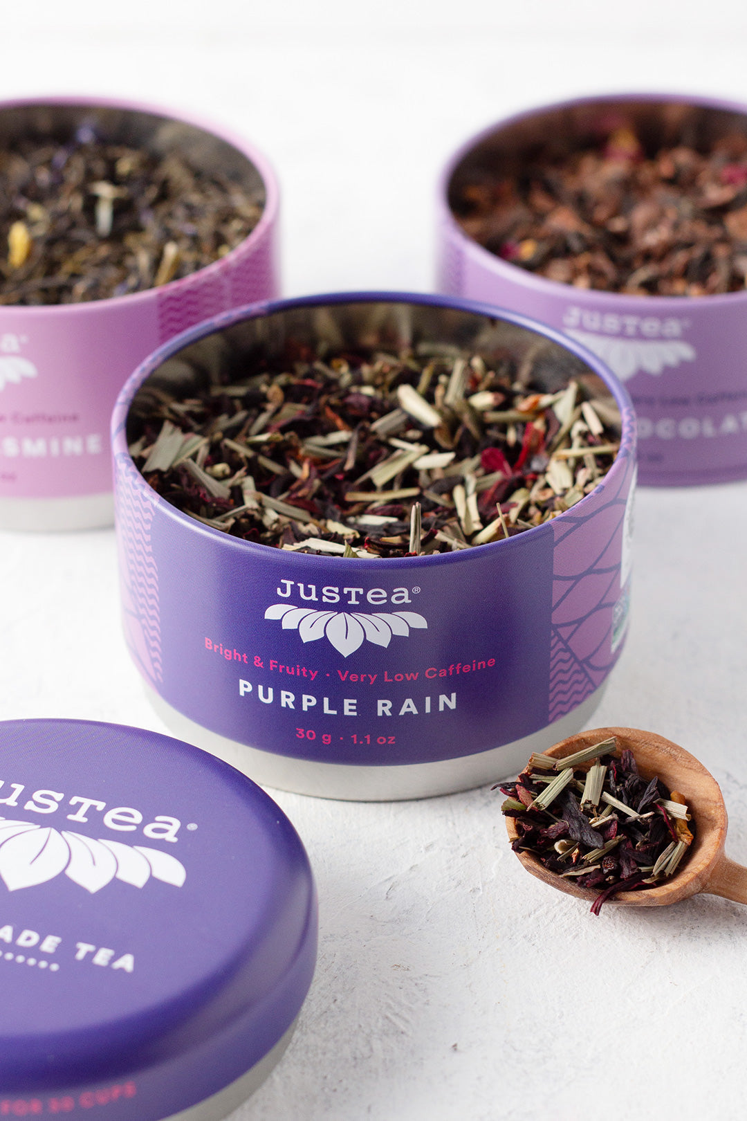 JusTea Loose Leaf Purple Tea Trio | Stacking Tins Variety Pack with Hand Carved Tea Spoon | Loose Leaf Tea | Low Caffeine | Award-Winning | Fair Trade | Non-GMO